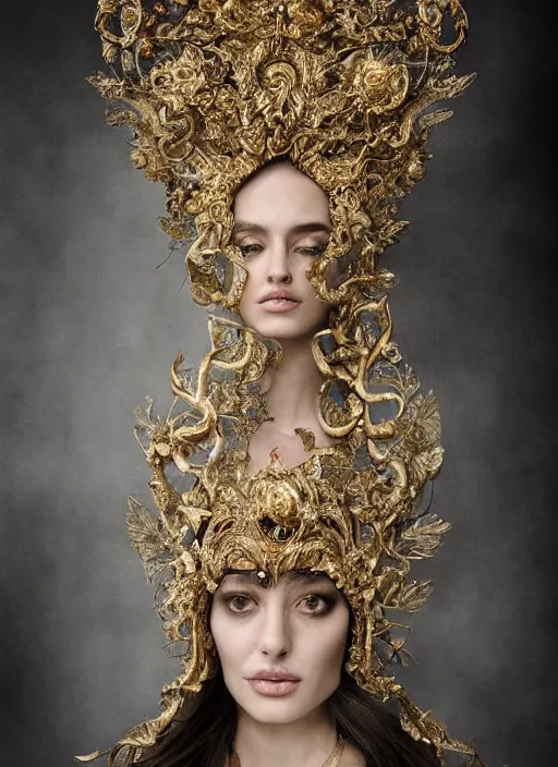 Image similar to a portrait of angelina jollie by stefan geselle and nekro borja, photorealistic, intricate details, hyper realistic, fantasy, elegant, baroque gold headpiece, photorealistic, canon r 3, photography, wide shot, symmetrical features, symmetrical pose, wide angle shot, head to toe, standing pose, feet on the ground, wearable art