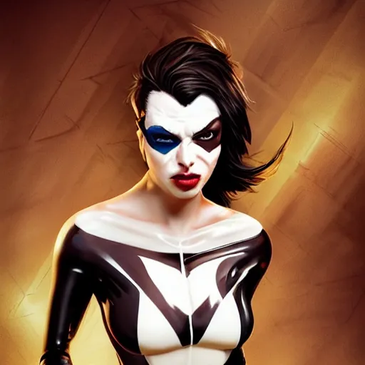 Image similar to a full bodied portrait of beautiful, mischievous, young woman in latex suit by sandra chevrier, detailed render, epic composition, cybernetics, 4 k realistic, cryengine, realistic shaded lighting, sharp focus, masterpiece, by matteo scalera, gary montalbano, peter elson in the style of the tokyo ghost comic, epic angles