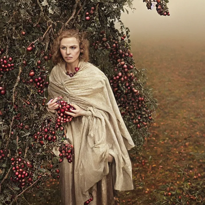 Image similar to a closeup portrait of a woman wearing a cloak made of tangled twisted knotted iridescent ribbon, picking pomegranates from a tree in an orchard, foggy, moody, photograph, by vincent desiderio, canon eos c 3 0 0, ƒ 1. 8, 3 5 mm, 8 k, medium - format print