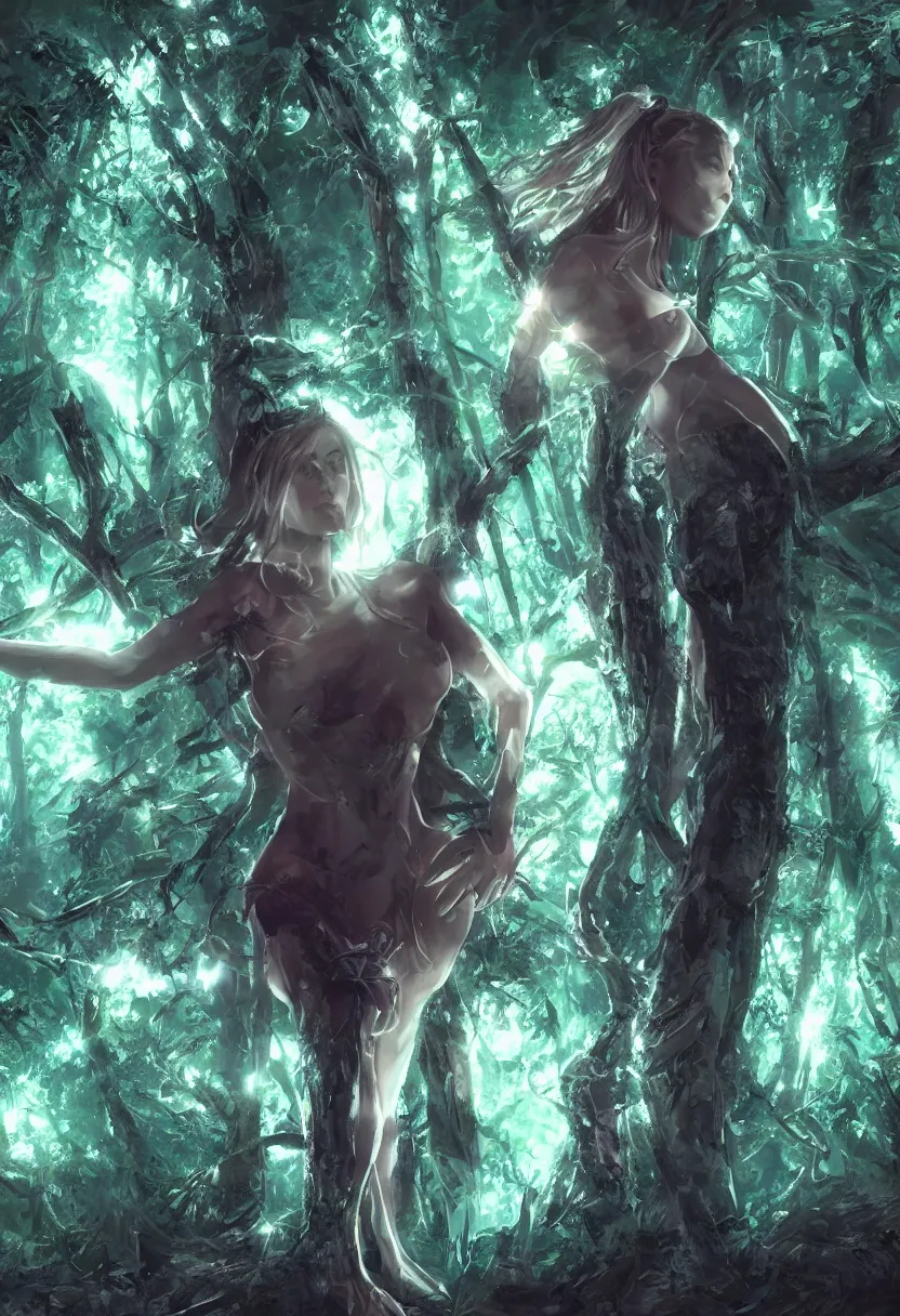 Prompt: beautiful attractive woman made of reflective chrome in the middle of a dark forest, hq artwork, coherent, insane detail, concept art, character concept, cinematic lighting, global illumination radiating a glowing aura