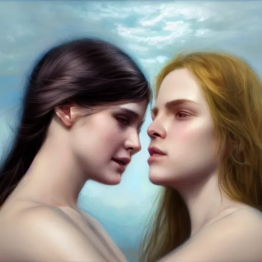 Image similar to pure love is patient love is kind, mother and child ; photorealistic oil painting by charlie bowater and mark brooks ; highly detailed cute faces by wlop ; trending on artstation ; 8 k high resolution, symmetrical, cinematic, high coherence, golden ratio, rule of thirds, perfectly centered anatomically accurate portraits