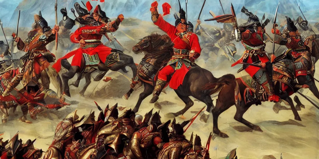 Prompt: genghis khan charging 3000 horsemen into the battle of yehuling. his phone vibrates. its time to bereal