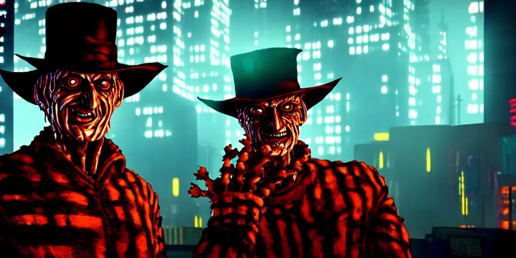 Image similar to a portrait of freddy krueger in a cyberpunk city, pixar, dramatic lighting