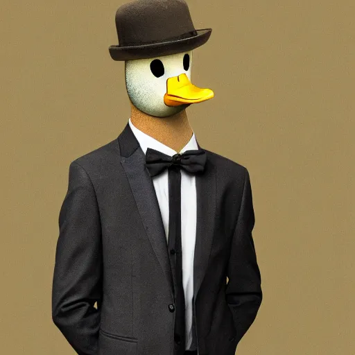 Image similar to a high detail photo of a man with a duck's head wearing a suit, photorealism