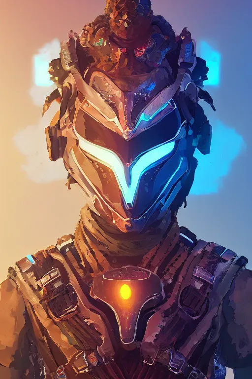 Image similar to combination suit armor aloy horizon forbidden west horizon zero dawn radiating a glowing aura global illumination ray tracing hdr fanart arstation by ian pesty and alena aenami artworks in 4 k tribal robot ninja mask helmet backpack