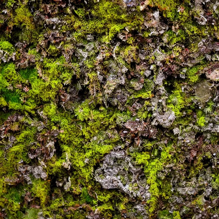 Prompt: a lichens and moss close-up various fungus, mushrooms and plants, Atmospheric phenomenon, artistic photography, muted colors, conceptual, long exposure outside the city