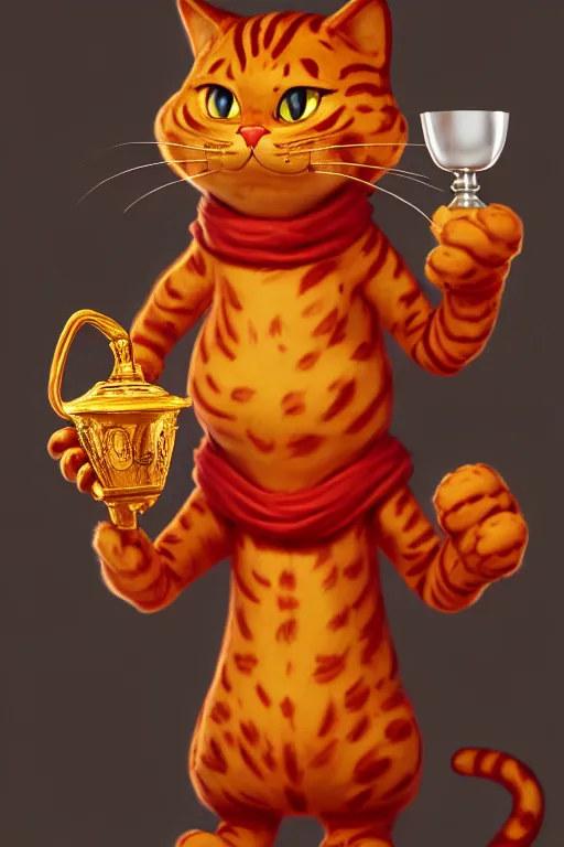 Prompt: fullbody!! personification of garfield the cat garfield god holding a blood chalice, stunning, garfield cat face, hyperrealistic, trending on artstation, smooth and sharp, intricate, highly detailed, elegant, professional character concept art by tatyana kupriyanova