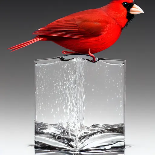 Image similar to a photorealistic photograph of a red Cardinal bird swimming inside of an Armagnac decanter at an upscale polo lounge Trending on Artstation, featured on Behance, well-rendered, Unreal Engine, 4K HD