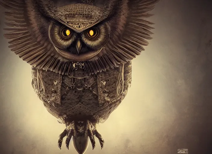 Image similar to a flying Warrior owl art nuveau, steampunk, symmetry, cinematic lighting , unreal engine,