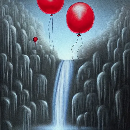 Prompt: grunge painting of a waterfall with a red balloon by chris leib, creepy lighting, horror theme, detailed, elegant, intricate, conceptual, volumetric light