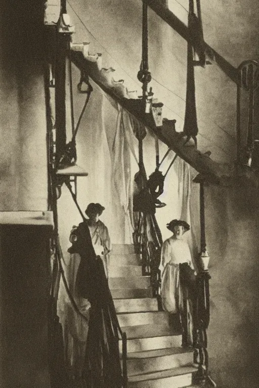 Prompt: victorian ghosts descending a staircase by alfred stieglitz albumin print 1 9 0 0 s