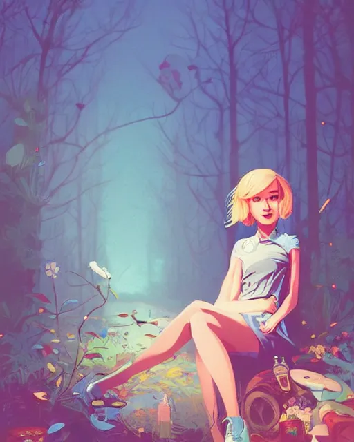 Image similar to digital illustration of pretty girl with short blonde hair hair, from alice in wonderland, smoking, happy eyes, smiling, in a wonderland forest, in junkyard at night, by ilya kuvshinov, lois van baarle, rossdraws, basquiat