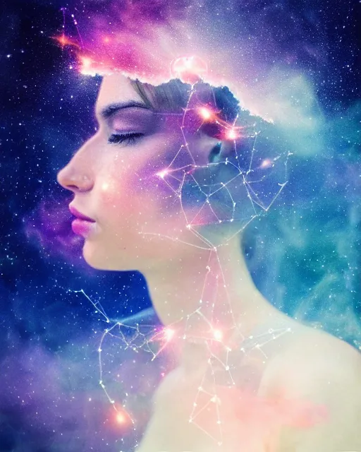 Prompt: intricately detailed constellation beauty portrait double exposure, radiant lighting, celestial cloudscape, artgerm, watery smoke explosion