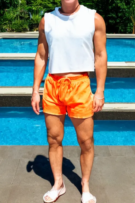 Prompt: a handsome man with blonde hair who is also a male android, ken, muscular, wearing a cut-off white crop top and short light orange shorts stands by a swimming pool, shiny skin, candid smile