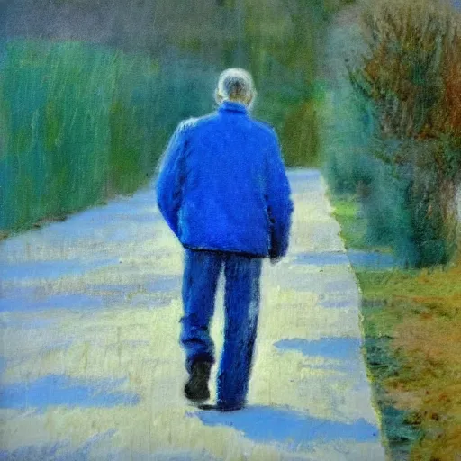 Prompt: of a man walking in solitude in a blue sad atmosphere, realist, impressionist style