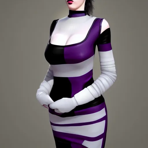 Image similar to comforting portrait of a pale curvy goth woman with elegant multilayered black-purple-grey tight leather high-neck striped dress, photorealistic, sublime, 16k, smooth, sharp focus, cgsociety, trending on ArtStation, volumetric lighting