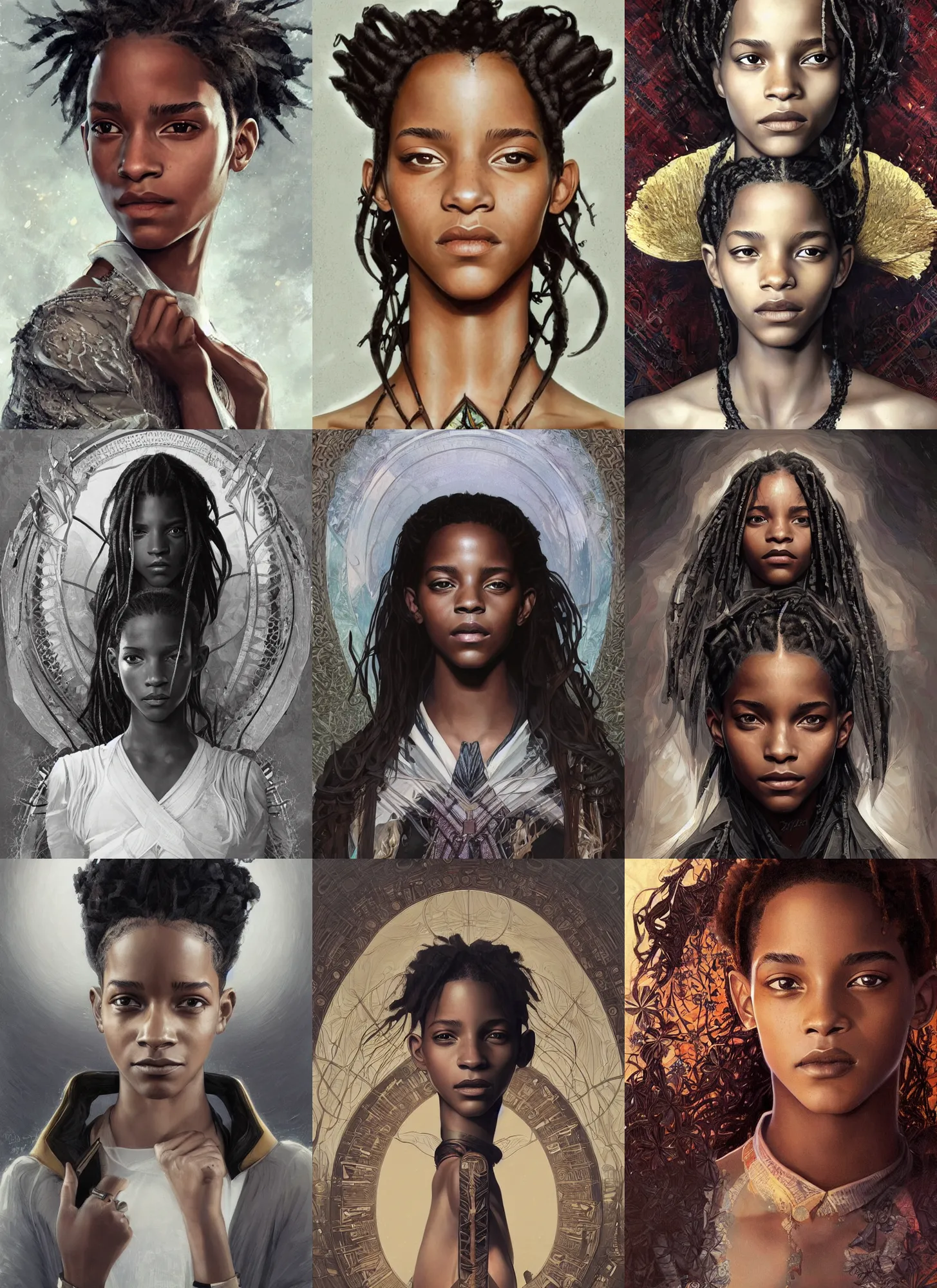 Prompt: black emma watson willow smith symmetrical portrait, highly detailed, digital painting, artstation, concept art, sharp focus, illustration, art by aleksi briclot greg rutkowski and alphonse mucha