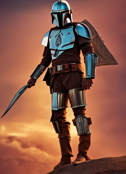 Prompt: Mandalorian as a medieval knight in intricate armor, ornate filigree armor, desert dunes, sunset clouds, sun glowing behind head, hypermaximalist, fantasy character concept, dynamic lighting, blurry, hyperrealism 8k