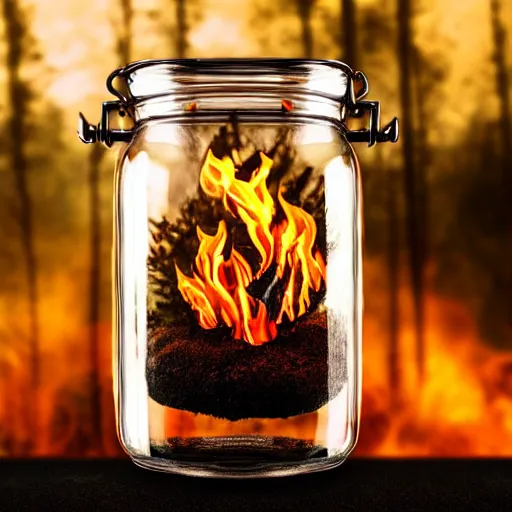 Prompt: glass jar with a burning forest inside, standing on a giant hand, bokeh, dark background, dramatic lighting, hyperrealistic, volumentric lighting, highly detailed, reflections, refractions