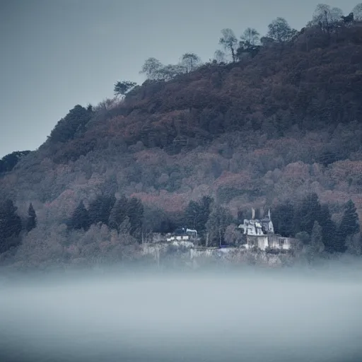 Image similar to Eerie landscape of a village surrounded by a dense forest and a distant castle that sits atop a hill, landscape, gloomy, dark fantasy