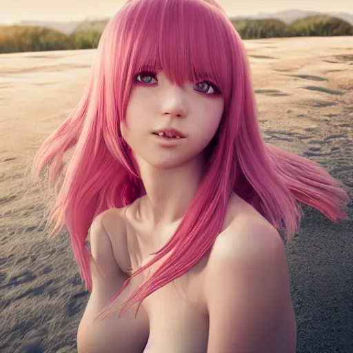 Image similar to Render of a beautiful 3d anime woman, long pink hair, full bangs, hazel eyes, cute freckles, full round face, soft smile, cute sundress, golden hour, serene beach setting, medium shot, mid-shot, hyperdetailed, trending on Artstation, Unreal Engine 4k