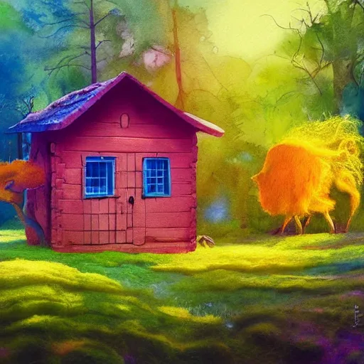 Prompt: small wooden house in the middle of spring forest, bright colours, watercolor, volumetric wool felting, macro photography, children illustration, by rhads