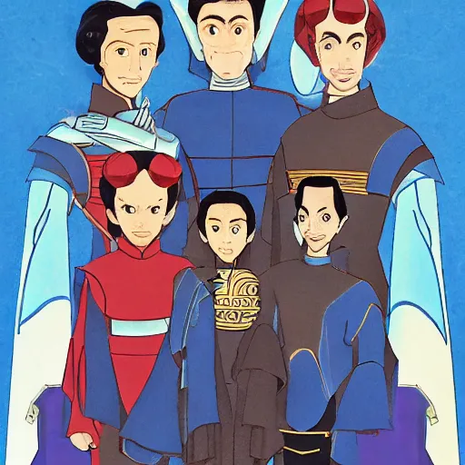 Prompt: family portrait of duke leto atreides and prince paul atreides, dune, aristocratic, space opera, in the style of yamato - e, tosa school, tosa mitsuoki, tosa mitsunobu, iwasa matabei, awataguchi takamitsu.