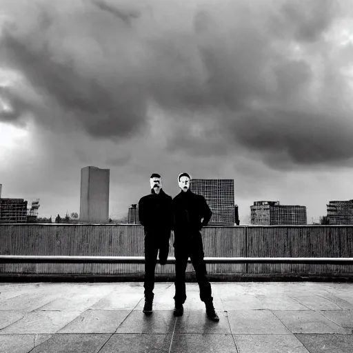 Prompt: a photograph of 2 shadowy men standing in front of a grimy grungy brutalist office tower, on a stormy day, ominous sky