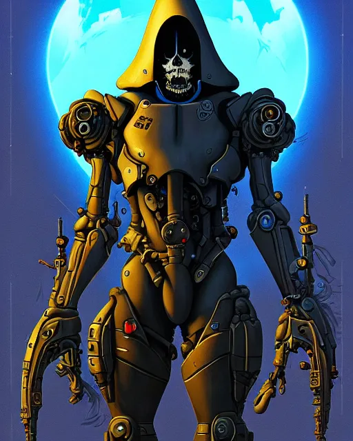 Image similar to reaper from overwatch, character portrait, portrait, close up, concept art, intricate details, highly detailed, vintage sci - fi poster, retro future, in the style of chris foss, rodger dean, moebius, michael whelan, and gustave dore