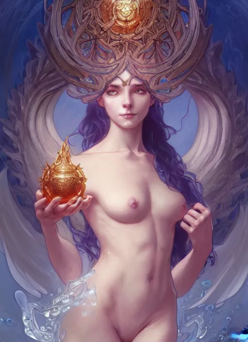 Image similar to summoner with a cute water elemental, fantasy, intricate, elegant, highly detailed, digital painting, artstation, concept art, wallpaper, smooth, sharp focus, illustration, art by artgerm and greg rutkowski and alphonse mucha