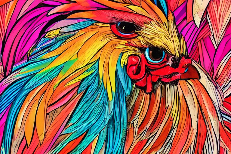 Prompt: illustration of a rooster with feathers of many colors, by feifei ruan and javier medellin puyou, lively colors, portrait, sharp focus, colored feathers, jungle