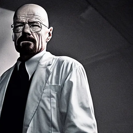 Prompt: walter white in a white suit, holding a pistol, cinematic still, dramatic lighting, harsh light and shadows