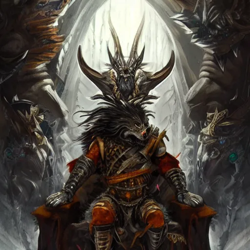 Image similar to Wolf, Anthropomorphized, as warlord general on skull throne, magic the gathering artwork, D&D, fantasy, cinematic lighting, centered, symmetrical, highly detailed, digital painting, artstation, concept art, smooth, sharp focus, illustration, volumetric lighting, epic Composition, 8k, art by Akihiko Yoshida and Greg Rutkowski and Craig Mullins, heroic pose, oil painting, cgsociety, Battlefield background, explosions, arrows