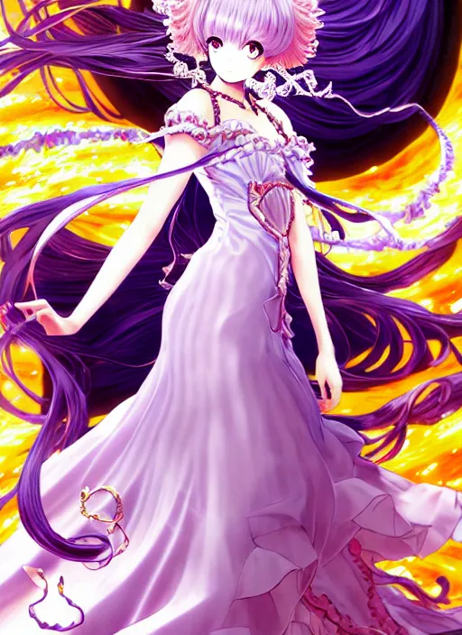 Image similar to exquisite imaginative manga poster of fate grand order, long wavy hair, rococo ruffles dress, shimmering, by shigenori soejima, minaba hideo, katsuhiro otomo, jump comics, illustration, artstation, dark fantastic, highly detailed, 8 k, fluorescent, maximalist