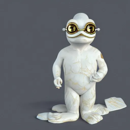 Image similar to a statue made of white marble with gold veins, of pepe the frog as general patton, full body shot, perfect symmetrical body, perfect symmetrical face, hyper realistic, hyper detailed, by johannen voss, by peter kemp, by monia merlo, by michelangelo, octane render, blender, 8 k