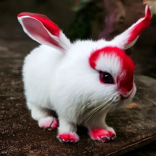 Image similar to an adorable crimson bunny creature with heart patters on its fur