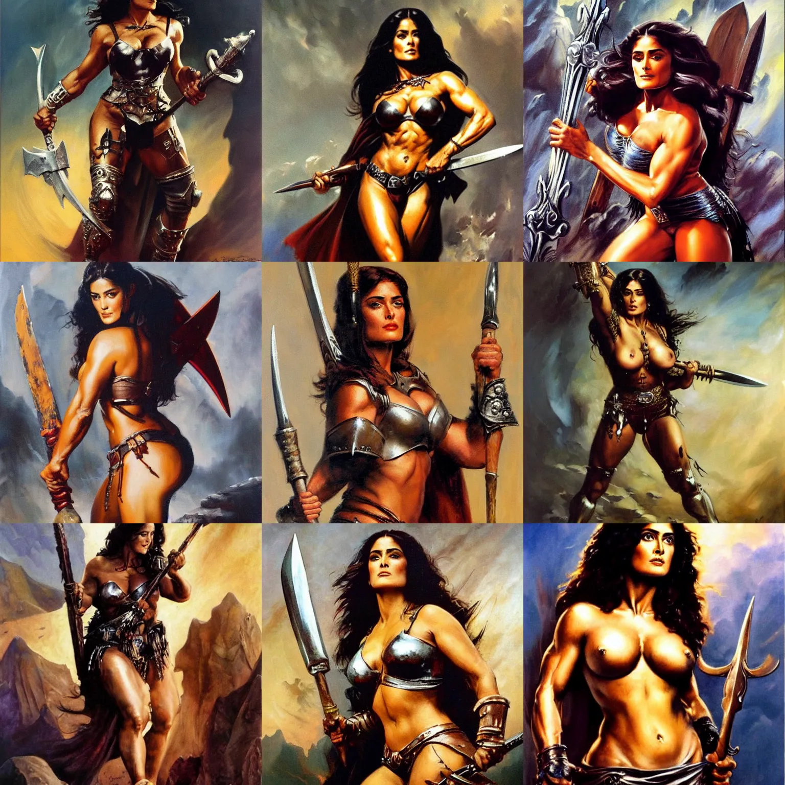 Prompt: a frank frazetta oil painting of a beautiful muscular salma hayek wearing silver armor holding a large battle axe, dynamic shot, hd 4 k, intricate, highly detailed, atmospheric, sharp