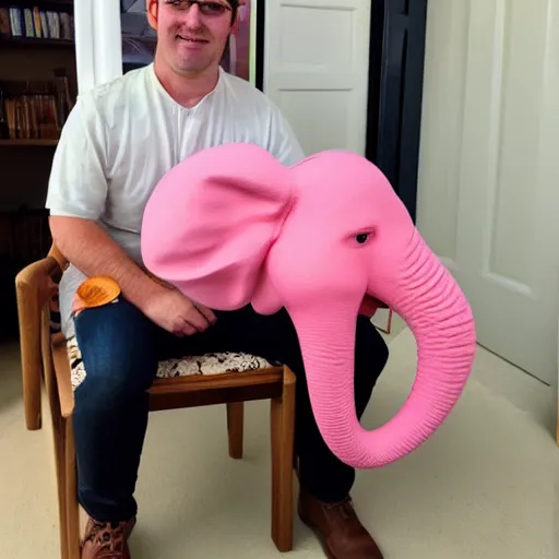 Image similar to Photo of a man on a chair with his pink miniature elephant on his lap