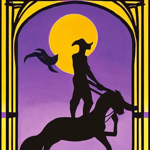 Prompt: a beautiful tarot! painting of a regal african cowboy, riding a dolphin! in front of a pale lavender sunrise, dawn, predawn, golden light, art deco!, art nouveau, silhouette, no crop