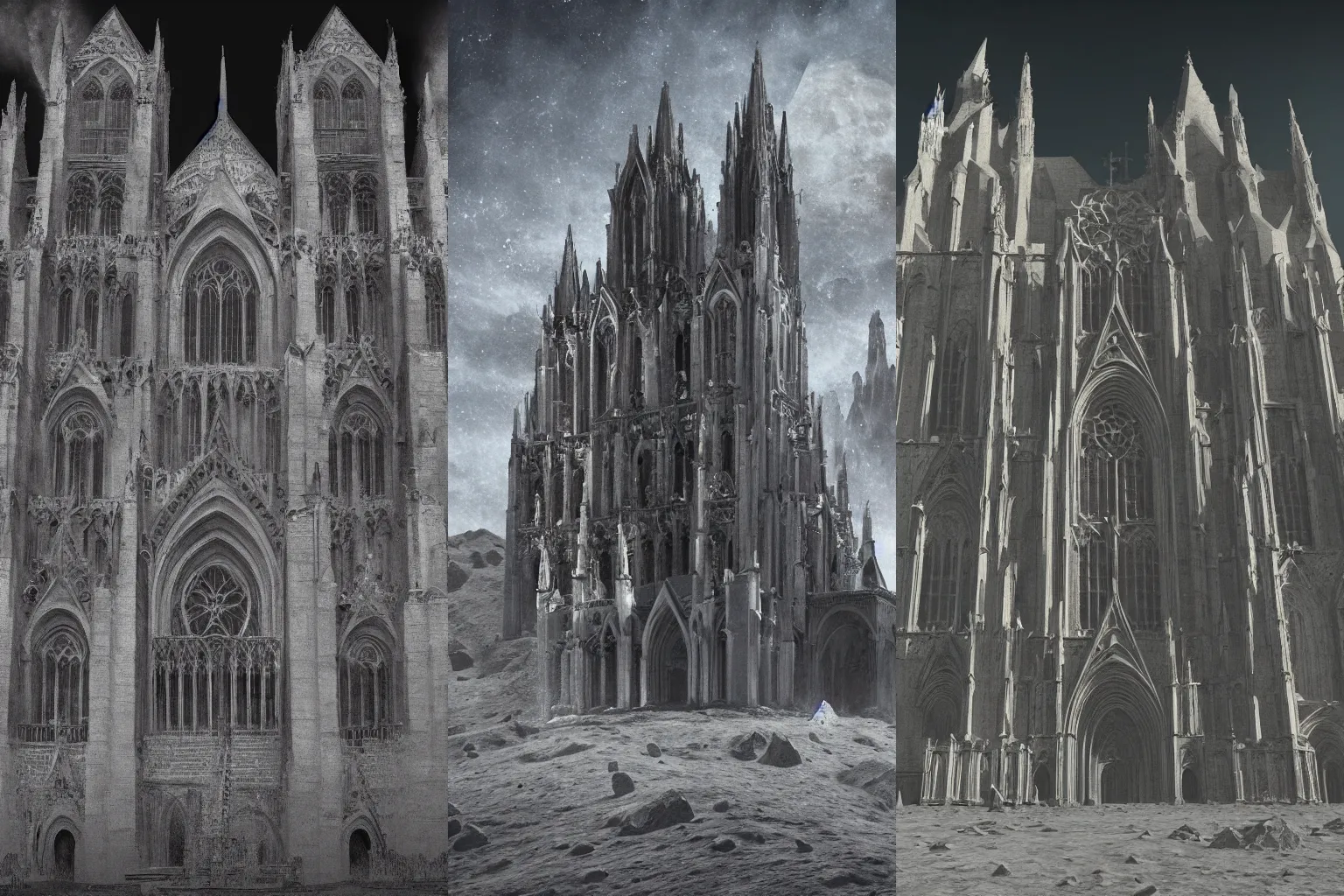 Prompt: detailed matte painting of the gothic cathedral made of regolith on the surface of the moon, dramatic lighting, demonic undertones, detailed concept art, hyperrealistic, beautiful architecture