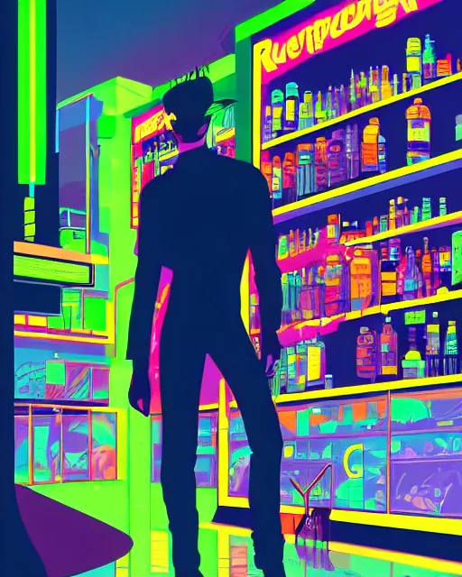 Image similar to cyberpunk man shopping at a neon soaked grocery store, science fiction painting, elegant intricate digital painting artstation, art by patrick nagel, detailed