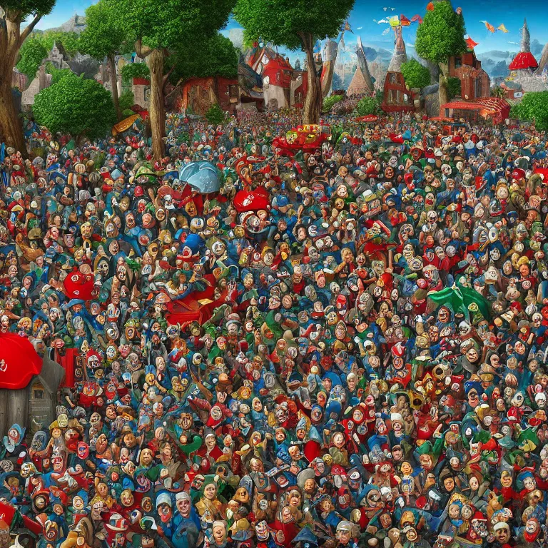 Prompt: an incredibly detailed masterpiece photo of a Where's Waldo puzzle by bosch, ornate, beautiful, bold colors, detailed, high resolution, wow!, realistic, photorealism, intricate, 4k octane render, HDR, unreal engine, zbrush, vfx, very realistic