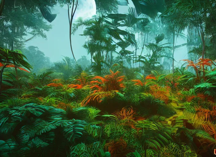 Image similar to a lush alien forest, teal sky, orange plants, birds in flight, humid alien jungle, orange and teal color scheme, atmospheric, exotic, colorful, unreal engine, trending on artstation