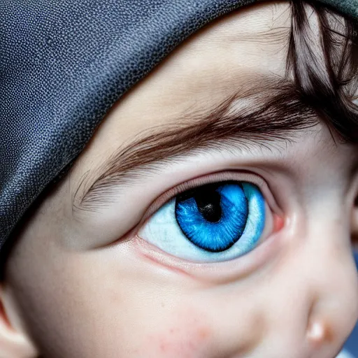 Image similar to a detailed portrait of a boy with light blue eyeswearing a black cap, realistic and detailed eyes, intricate photo, incredibly highly detailed and realistic, 8 k, sharp focus