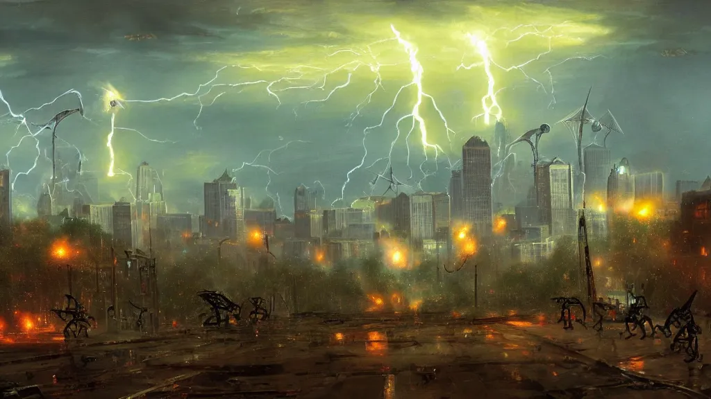 Prompt: Charlotte North Carolina city attacked by War of The Worlds Tripod robots painted by Thomas Cole with dramatic lightning, concept art, matte painting, 8k, highly detailed, artstation