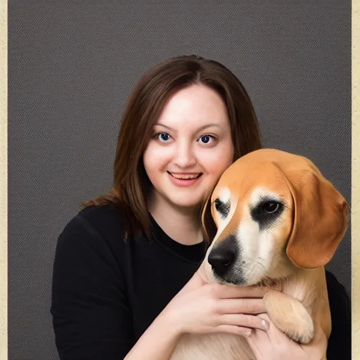 Image similar to studio portrait of a person with their pet dog that looks exactly like them, 8 k, ultra realistic