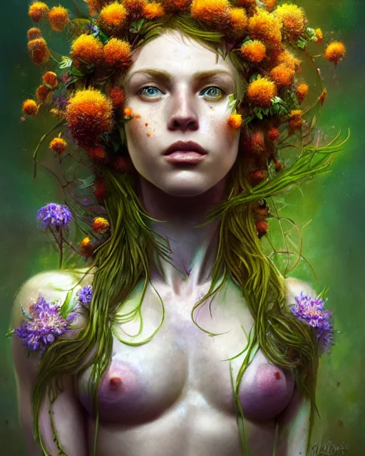 Image similar to muscular female druid swathed in flowers, perfect face, thin antlers, green halter top, ginger hair, abs, cinematic, freckles, stunning, athletic, strong, agile, highly detailed, psychedelic, digital painting, artstation, smooth, hard focus, illustration, art by jessica rossier and and brian froud