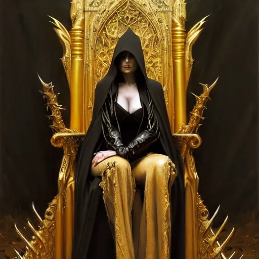 Prompt: full body portrait of a hooded beautiful vampire queen in gold gothic robes sitting on a throne of bones, elegant, highly detailed painting by gaston bussiere, craig mullins, j. c. leyendecker, 8 k, mid shot