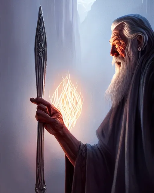 Image similar to Gandalf the grey casting a magic giant fork spell, crimson led, glowing, D&D, fantasy, intricate, elegant, highly detailed, digital painting, artstation, concept art, matte, sharp focus, illustration, hearthstone, art by Artgerm and Greg Rutkowski and Alphonse Mucha