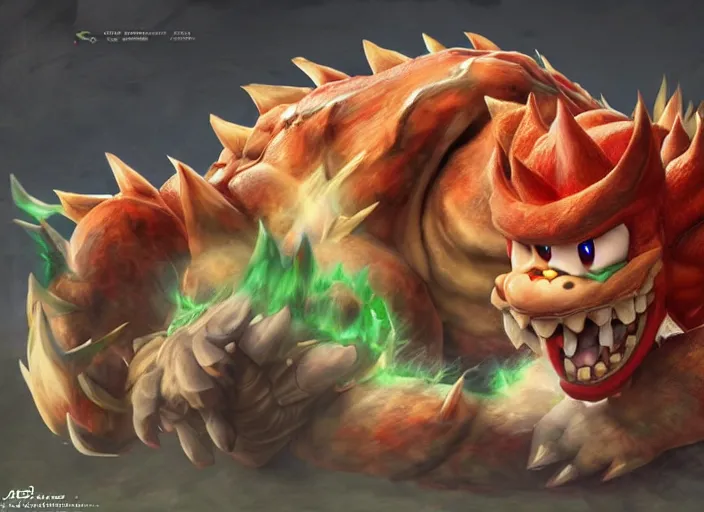 Image similar to detailed concept art of a huge giant bowser by cheng yi and luolin, aartstation, artstationhd, detailed scales, spiky and red hair tuft green scales. bowser, bowser nintendo, koopa, ~ bowser # bowser ( ( mario ) ) bcy. net, realistic. cheng yi, fire breathing. bowser